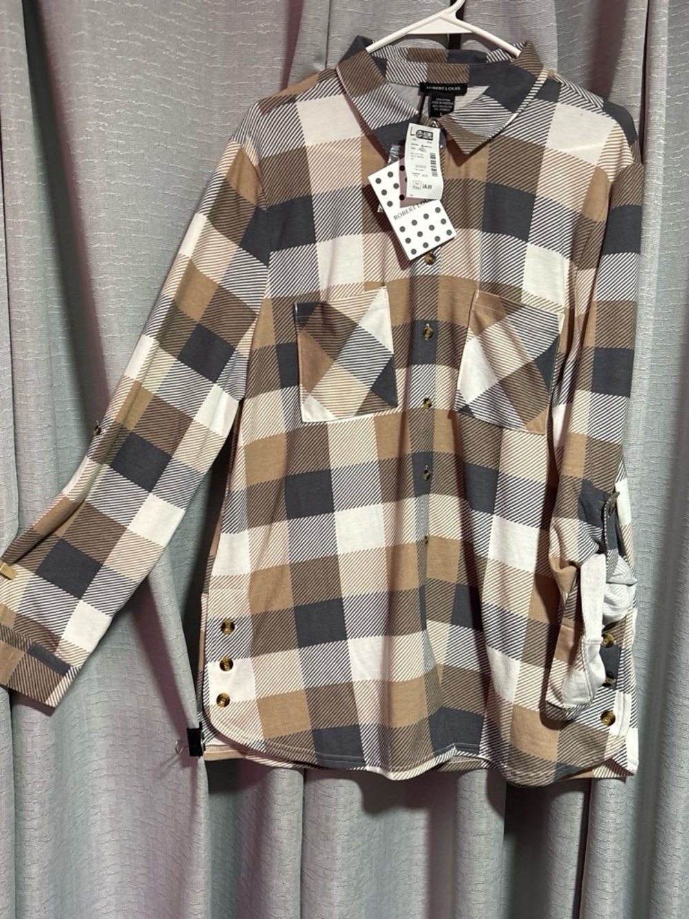 Robert Louis Plaid Button-Up Tunic in Beige, Cream & Charcoal